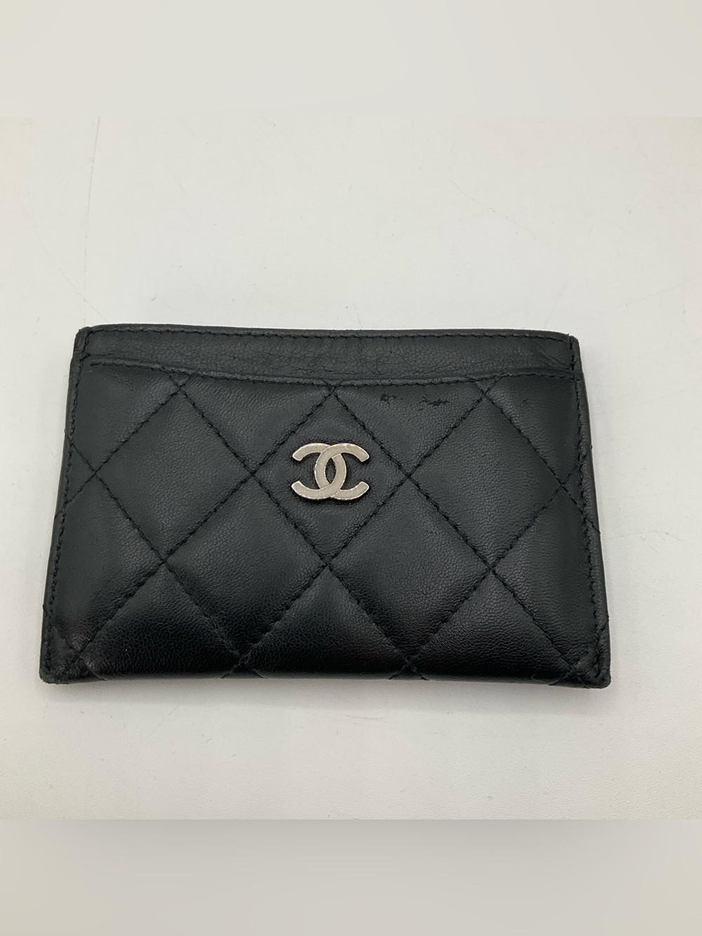 Chanel Quilted Card Holder Wallet Lambskin Leather Black Silver - Picture 3 of 16